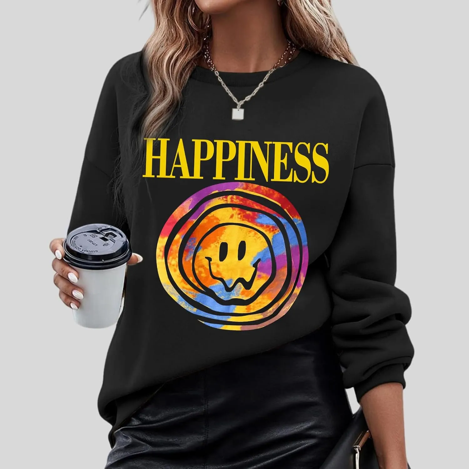 Women Letter Graphic Print Sweatshirt Oversized Hoodie Long Sleeve Crewneck Shirt Lightweight Casual Pullover Tops