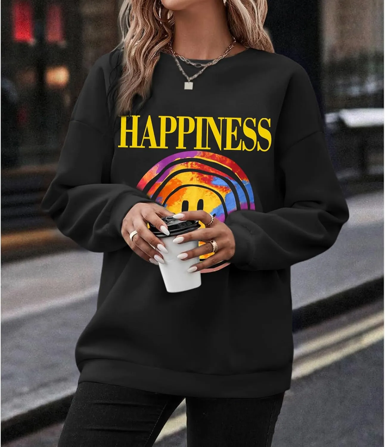 Women Letter Graphic Print Sweatshirt Oversized Hoodie Long Sleeve Crewneck Shirt Lightweight Casual Pullover Tops