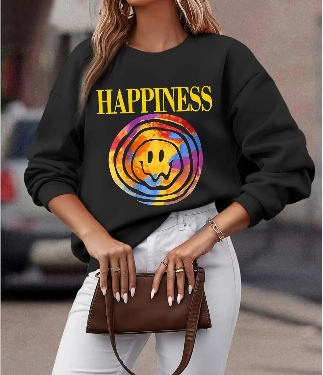Women Letter Graphic Print Sweatshirt Oversized Hoodie Long Sleeve Crewneck Shirt Lightweight Casual Pullover Tops