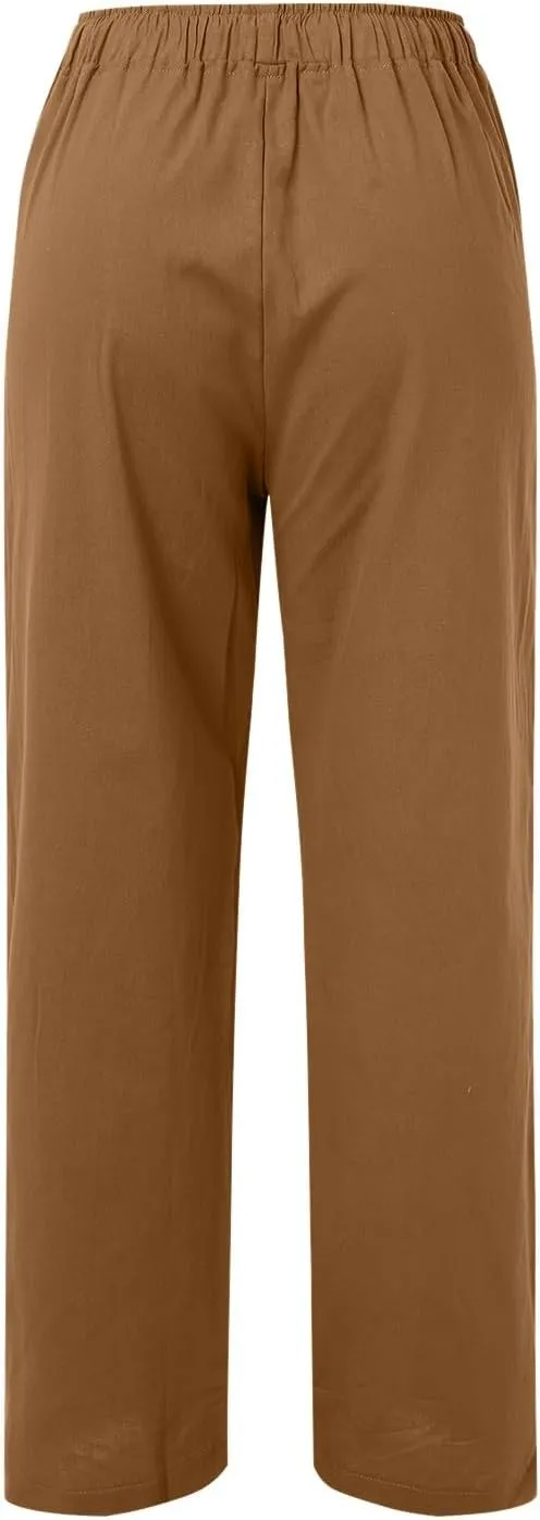 Women Linen Blend Summer Baggy Pants Low Waist Long Lounge Plus Size Pant Trousers Trendy