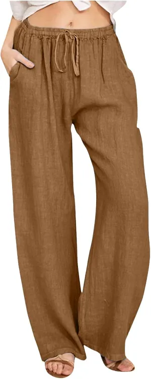 Women Linen Blend Summer Baggy Pants Low Waist Long Lounge Plus Size Pant Trousers Trendy