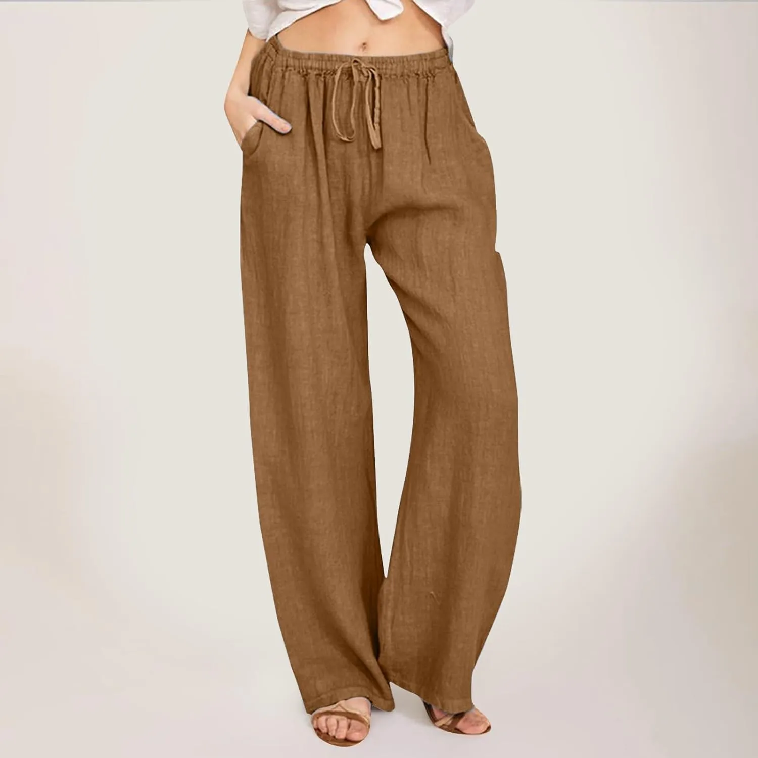 Women Linen Blend Summer Baggy Pants Low Waist Long Lounge Plus Size Pant Trousers Trendy