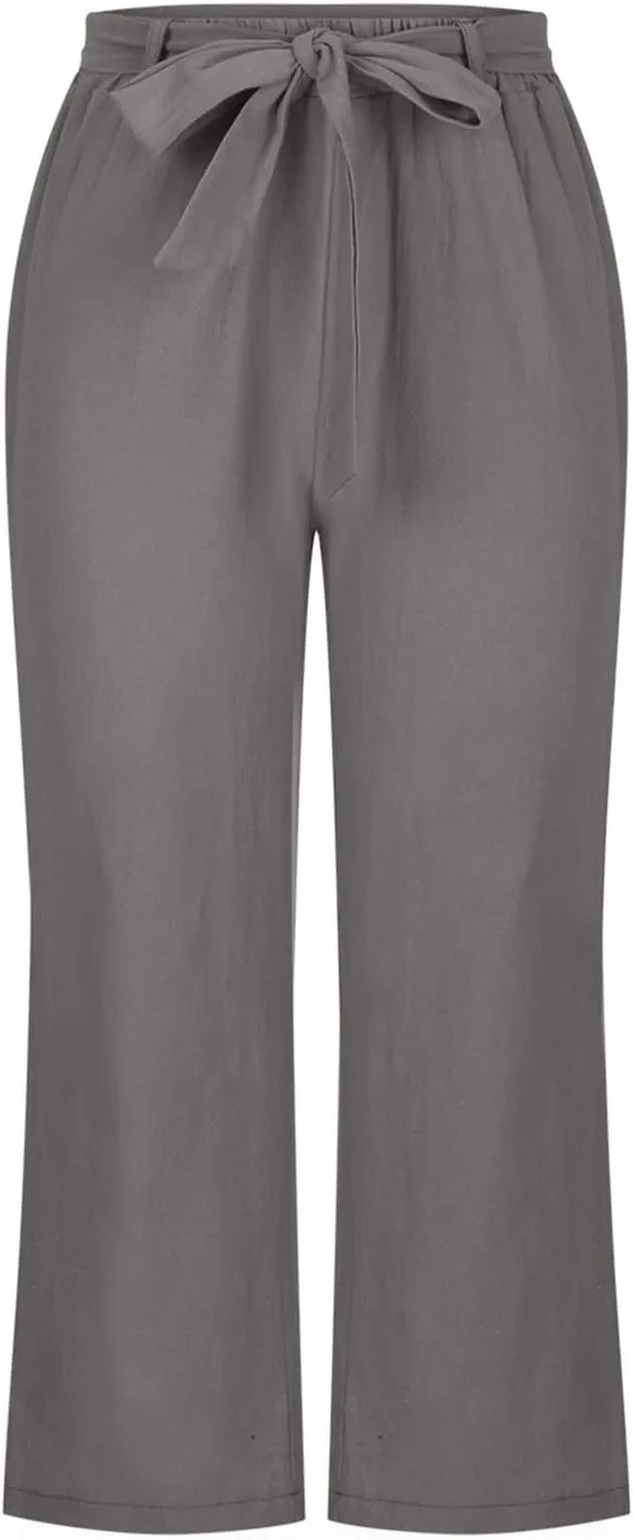 Women Linen Blend Summer Loose Flowy Palazzo Pants High Waist Bootcut Slim-Fit Palazzo Lounge Pants Travel