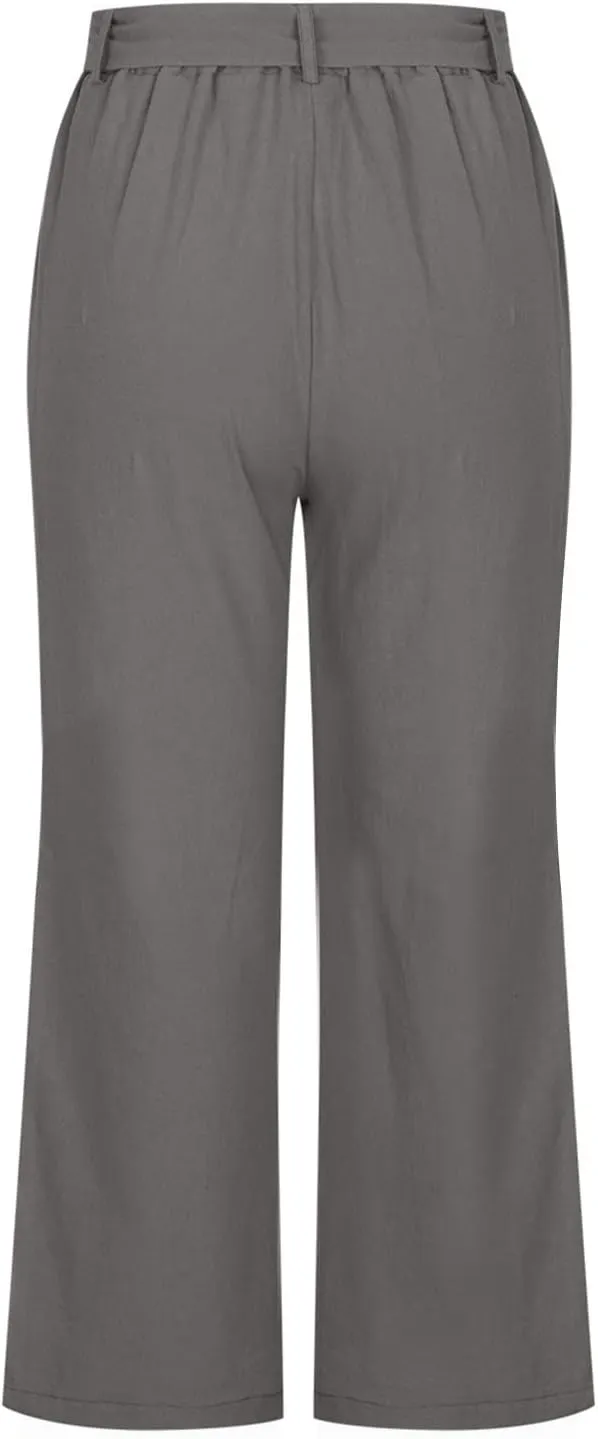 Women Linen Blend Summer Loose Flowy Palazzo Pants High Waist Bootcut Slim-Fit Palazzo Lounge Pants Travel