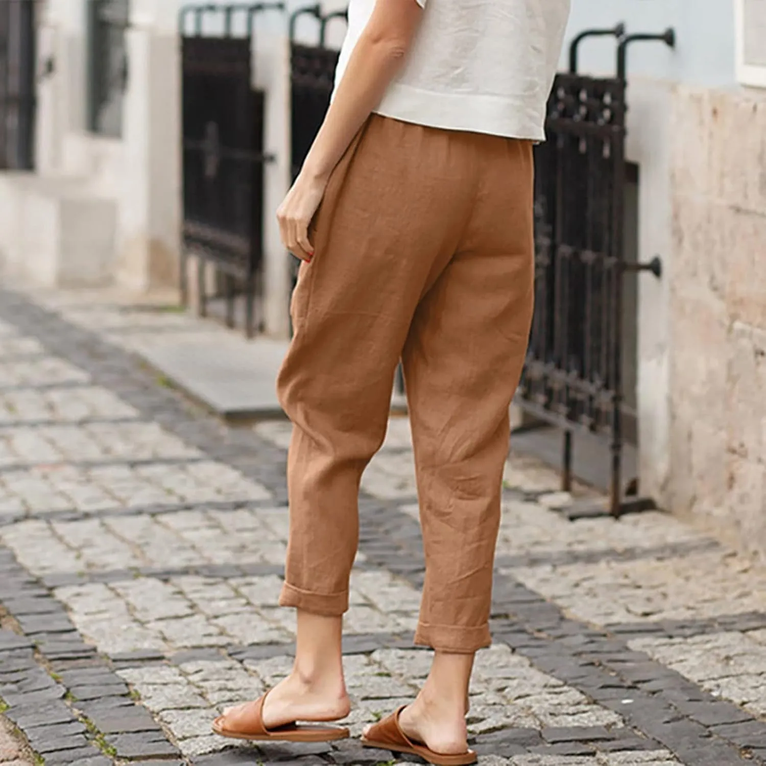 Women Linen Blend Summer Print Pants Elastic Waisted Straight Slim Fit Pant Trousers Work Business