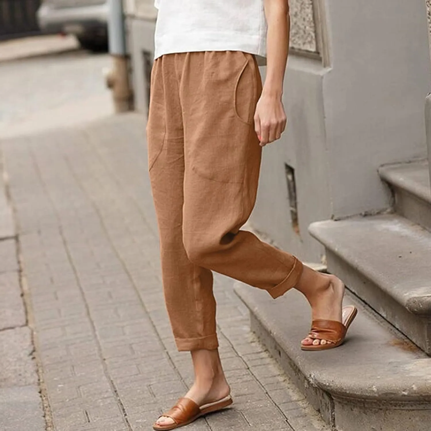Women Linen Blend Summer Print Pants Elastic Waisted Straight Slim Fit Pant Trousers Work Business