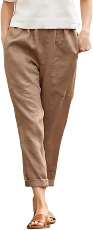 Women Linen Blend Summer Print Pants Elastic Waisted Straight Slim Fit Pant Trousers Work Business