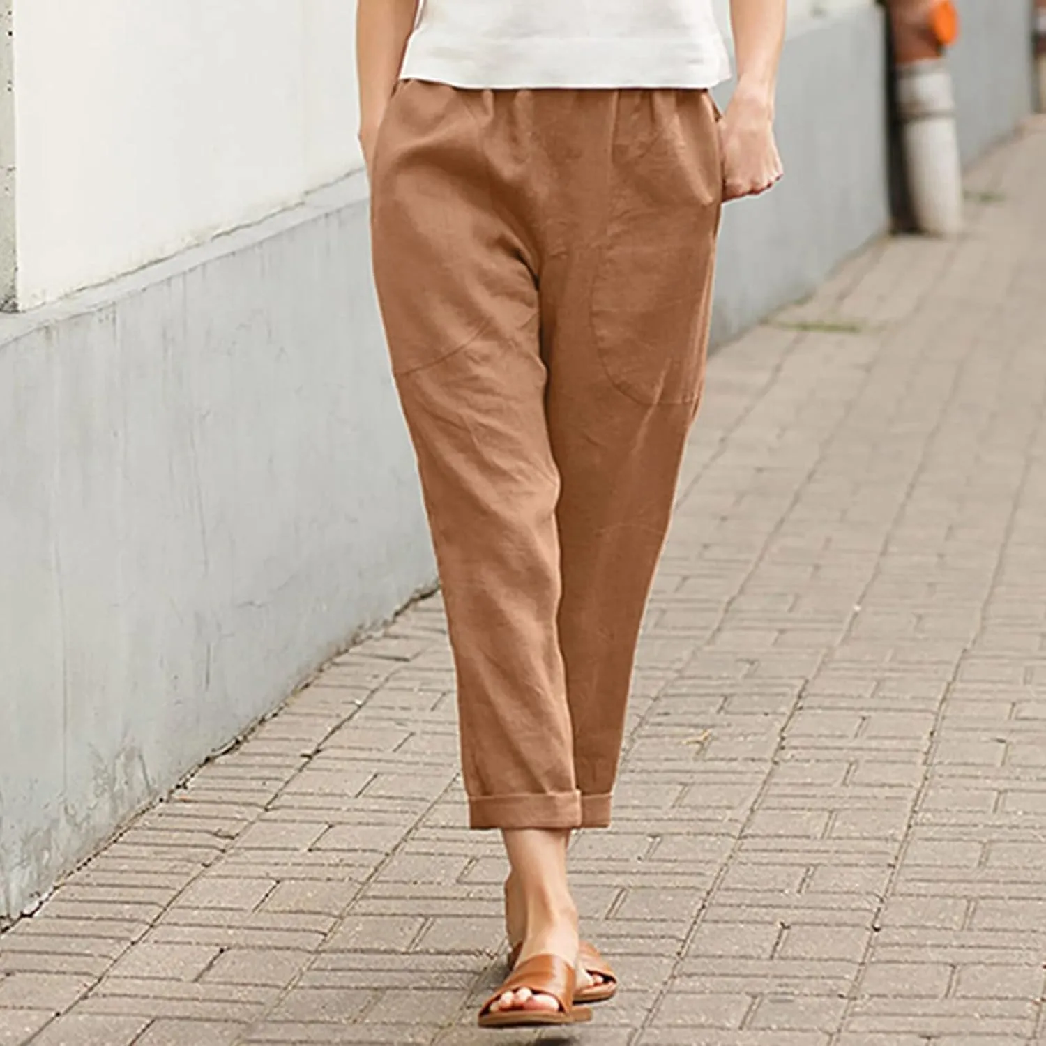 Women Linen Blend Summer Print Pants Elastic Waisted Straight Slim Fit Pant Trousers Work Business