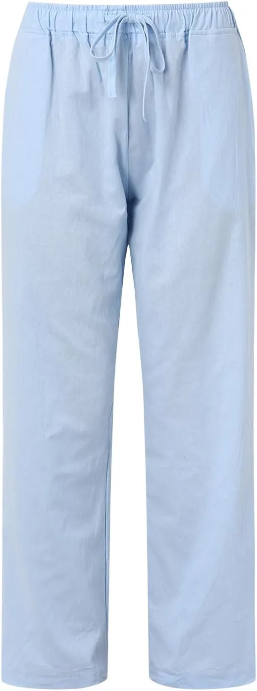 Women Linen Palazzo Pants Summer Cotton Flowy Pants Drawstring Wide Leg Lightweight Pants Cute Beach Loose Trousers