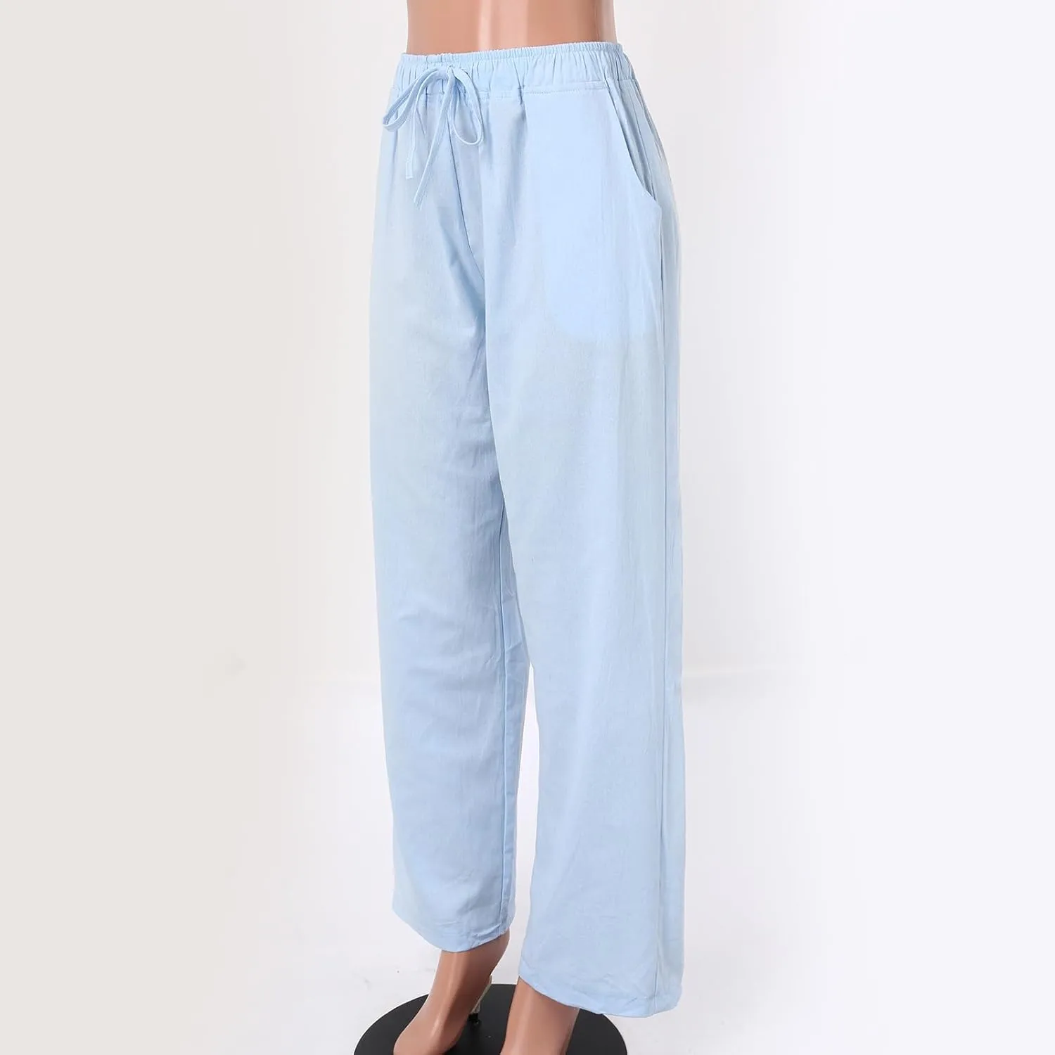 Women Linen Palazzo Pants Summer Cotton Flowy Pants Drawstring Wide Leg Lightweight Pants Cute Beach Loose Trousers