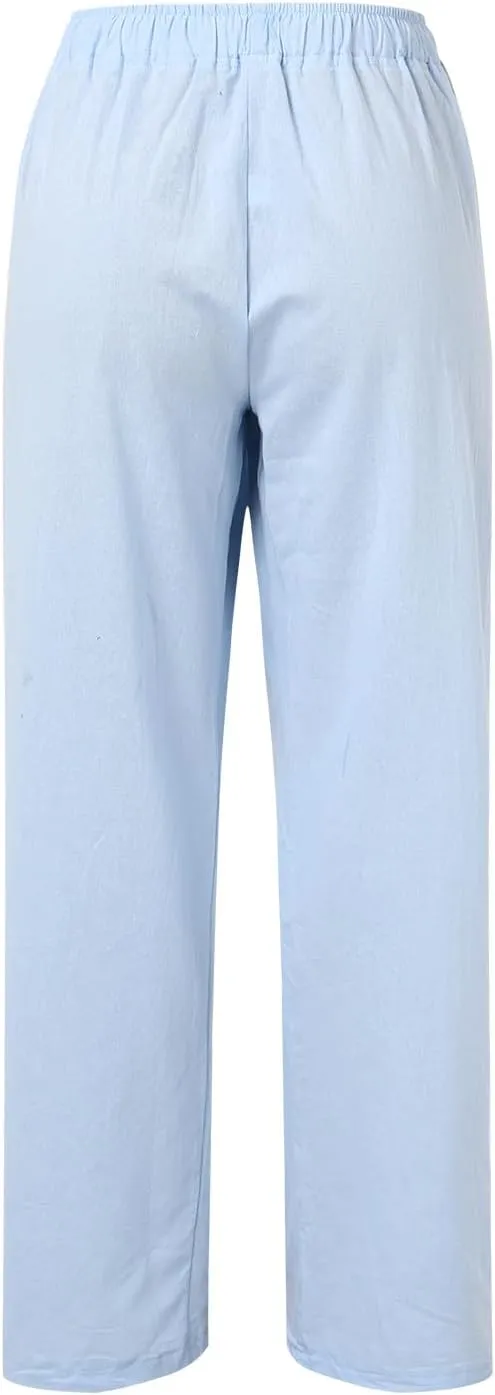 Women Linen Palazzo Pants Summer Cotton Flowy Pants Drawstring Wide Leg Lightweight Pants Cute Beach Loose Trousers