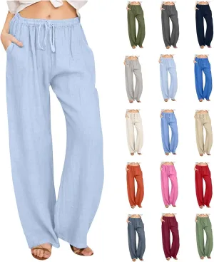 Women Linen Palazzo Pants Summer Cotton Flowy Pants Drawstring Wide Leg Lightweight Pants Cute Beach Loose Trousers