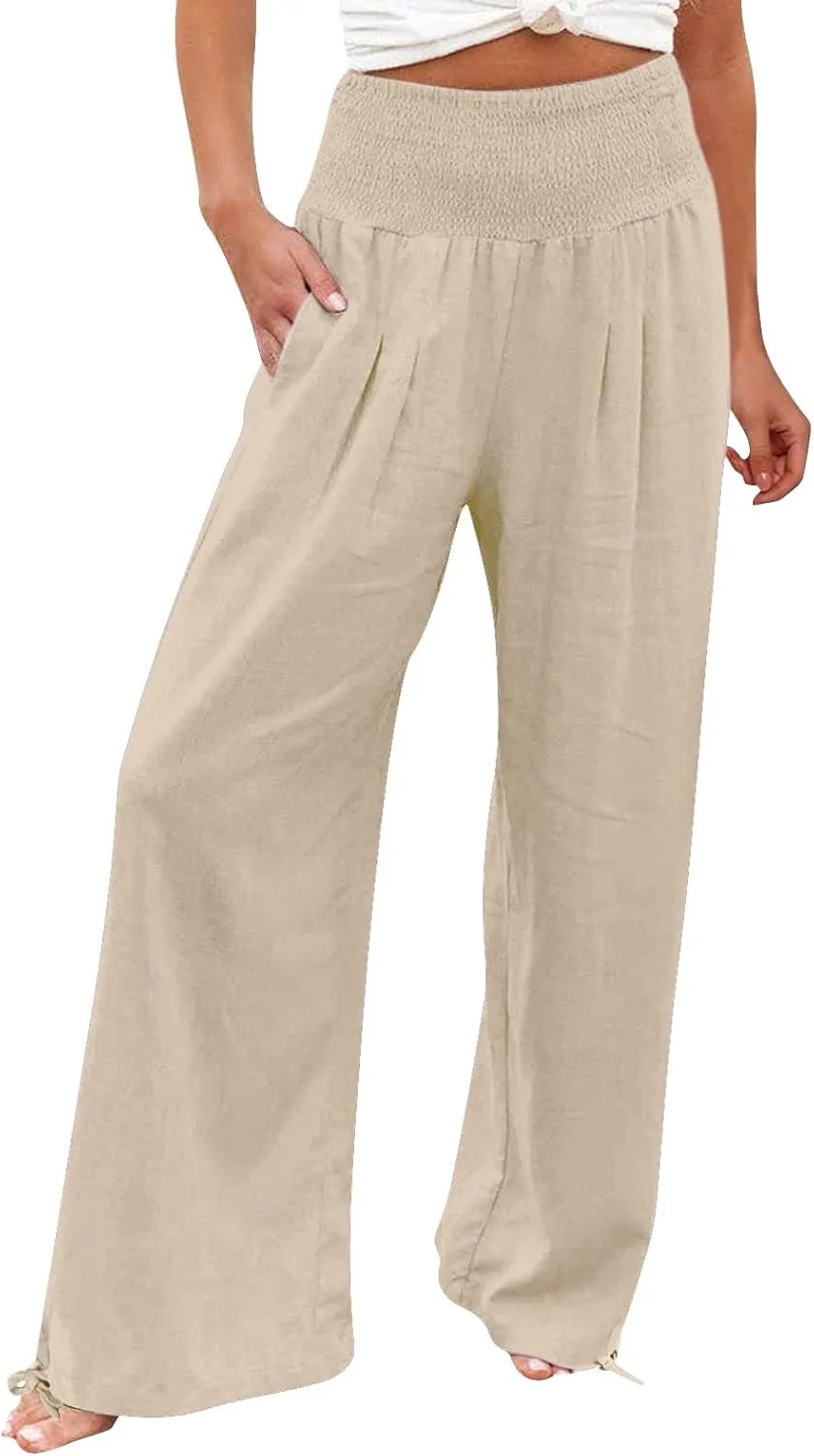 Women Linen Palazzo Pants Summer Wide Leg High Waist Casual Slacks Boho Beach Travel Plus Size Trousers with Pockets