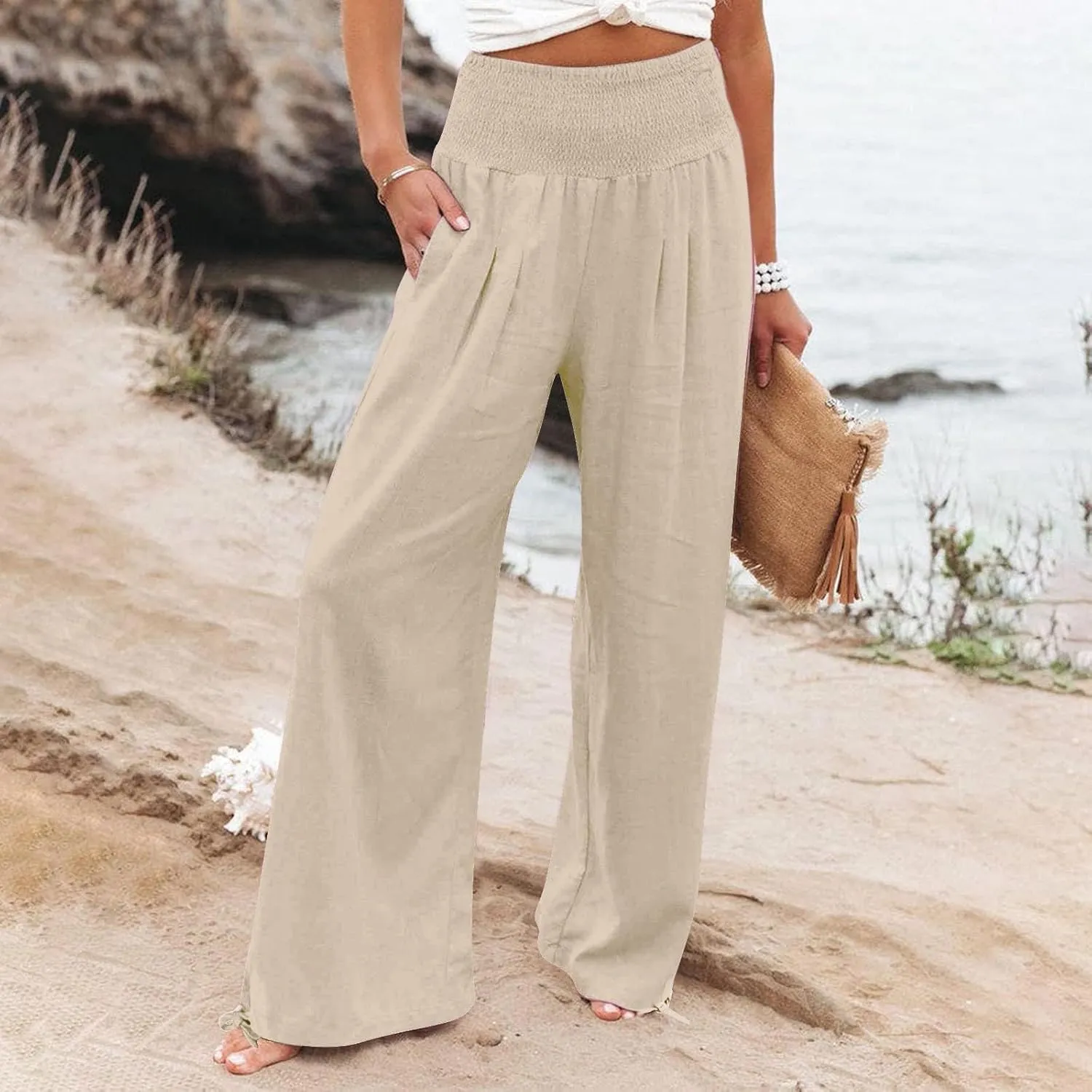 Women Linen Palazzo Pants Summer Wide Leg High Waist Casual Slacks Boho Beach Travel Plus Size Trousers with Pockets