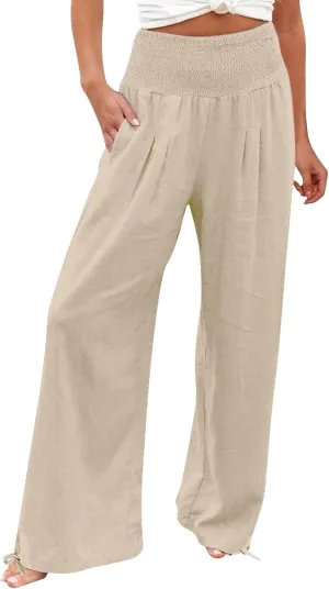 Women Linen Palazzo Pants Summer Wide Leg High Waist Casual Slacks Boho Beach Travel Plus Size Trousers with Pockets