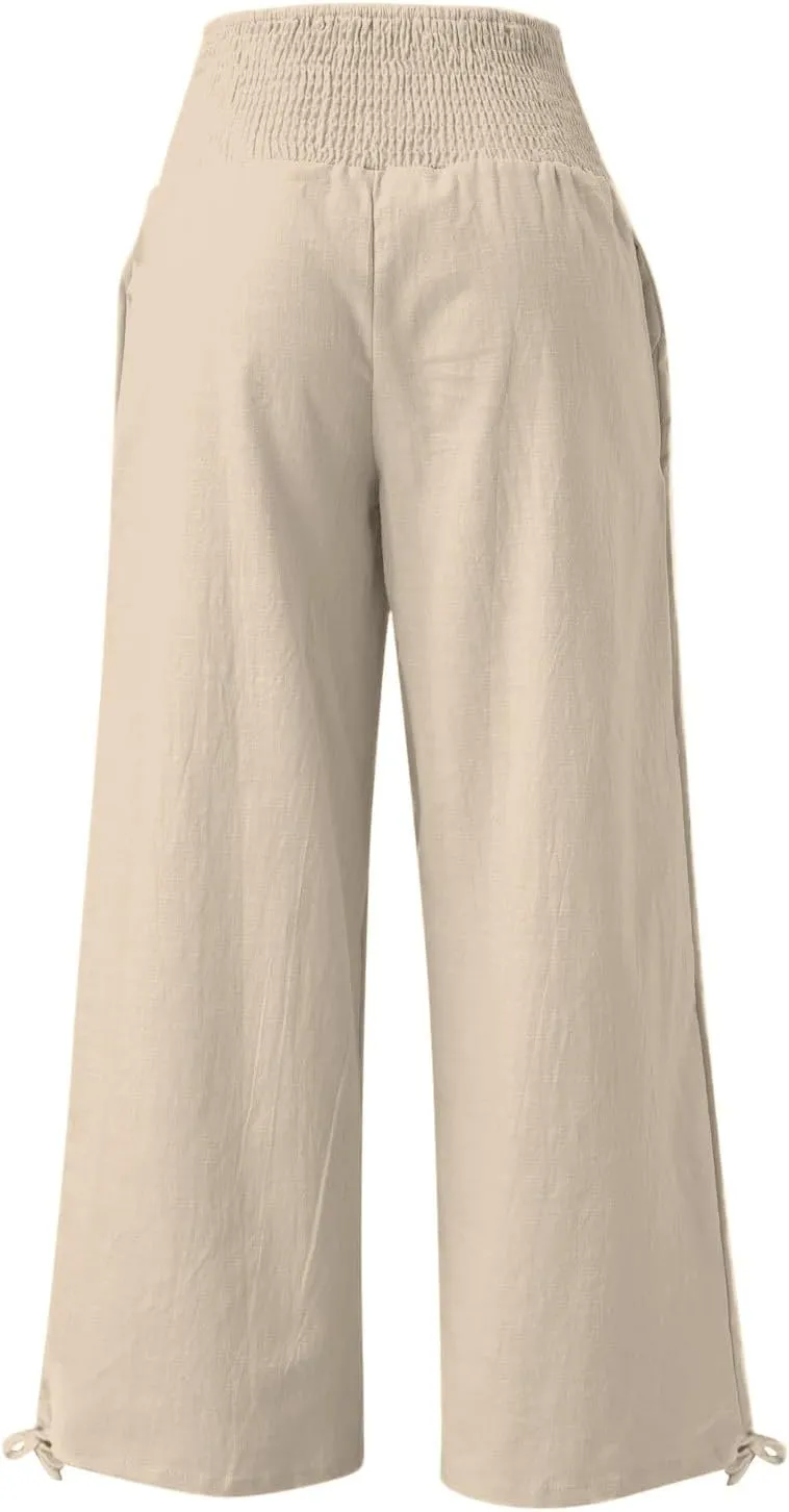Women Linen Palazzo Pants Summer Wide Leg High Waist Casual Slacks Boho Beach Travel Plus Size Trousers with Pockets