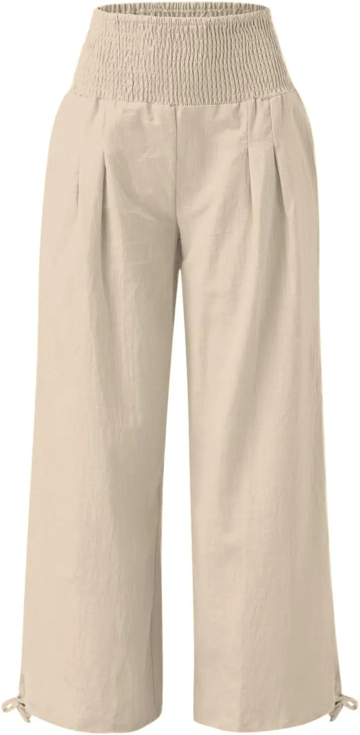 Women Linen Palazzo Pants Summer Wide Leg High Waist Casual Slacks Boho Beach Travel Plus Size Trousers with Pockets
