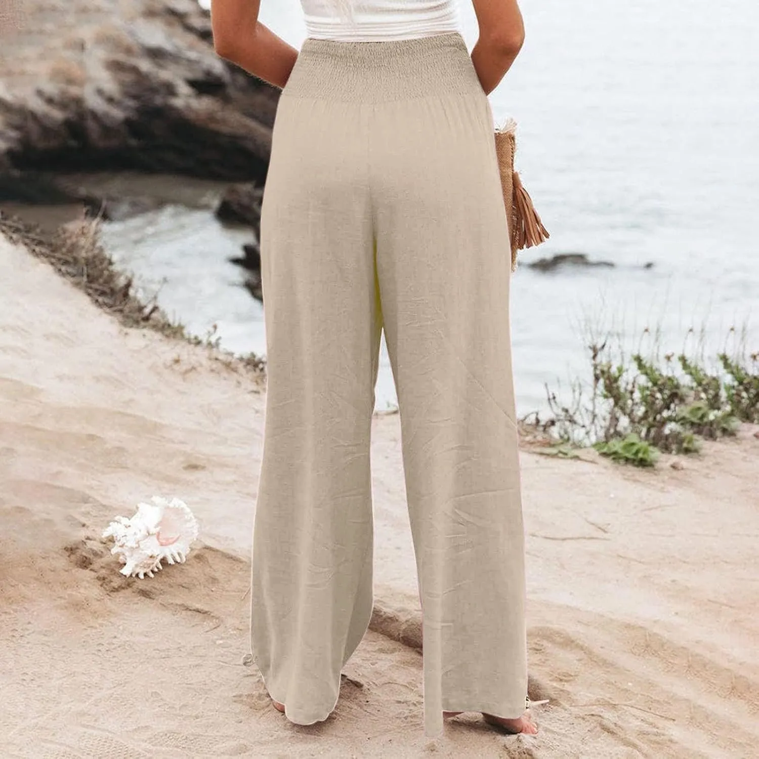 Women Linen Palazzo Pants Summer Wide Leg High Waist Casual Slacks Boho Beach Travel Plus Size Trousers with Pockets