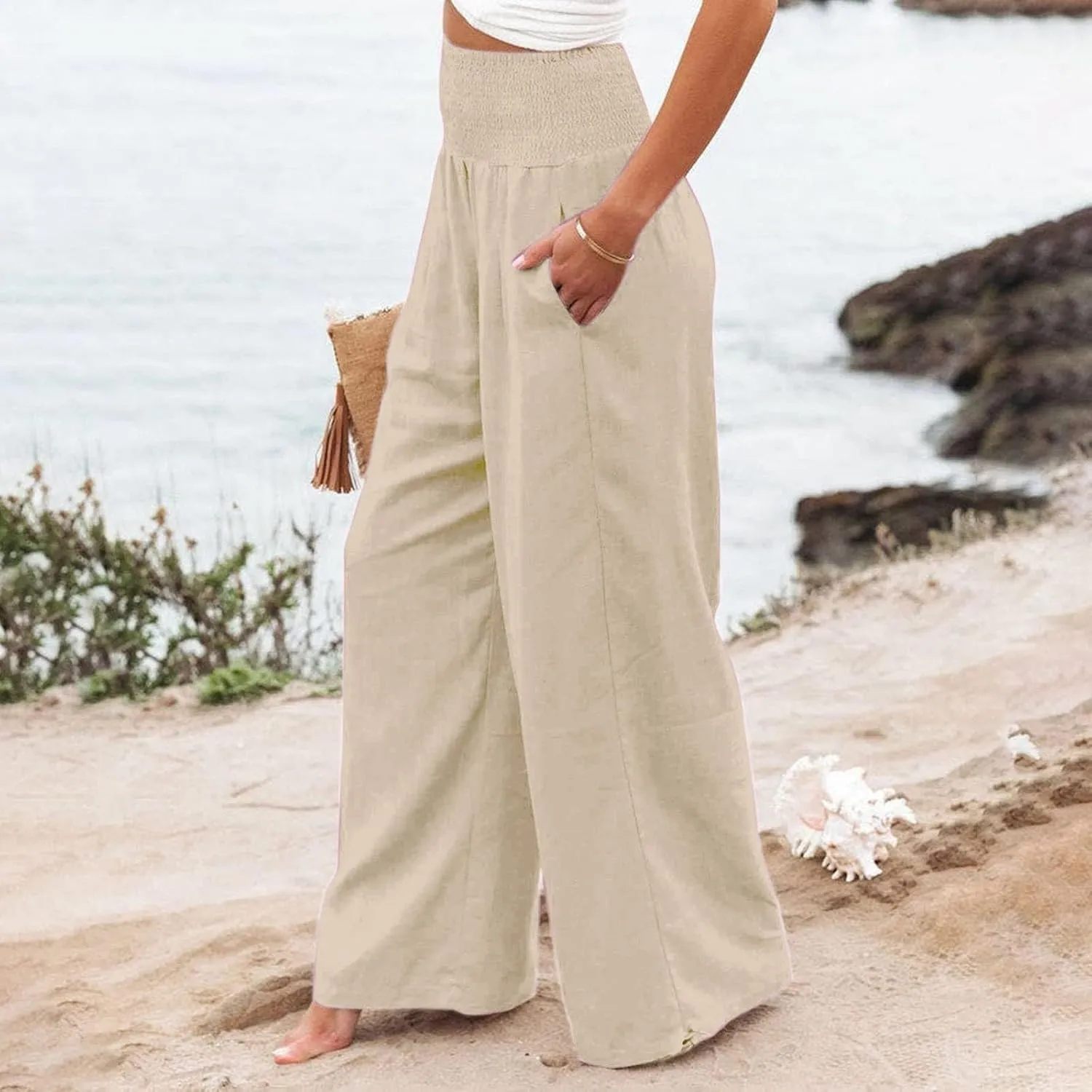 Women Linen Palazzo Pants Summer Wide Leg High Waist Casual Slacks Boho Beach Travel Plus Size Trousers with Pockets