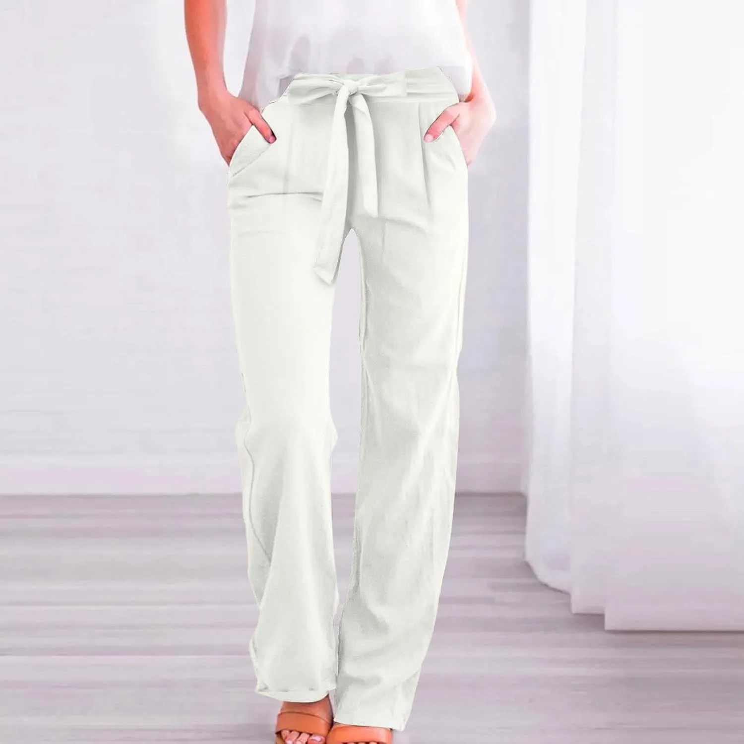Women Linen Pants Casual Drawstring High Waisted Straight Leg Summer Pants Casual Comfy Beach Trouser with Pockets