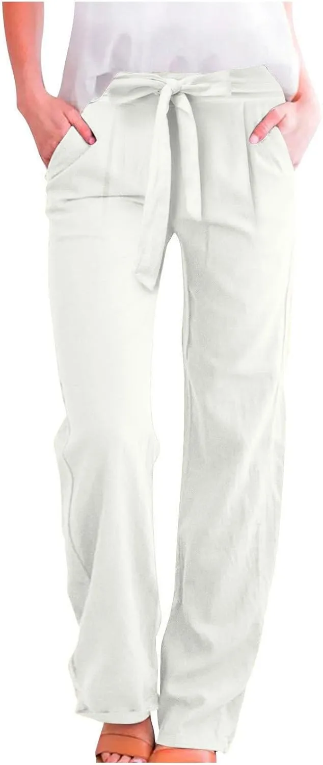 Women Linen Pants Casual Drawstring High Waisted Straight Leg Summer Pants Casual Comfy Beach Trouser with Pockets