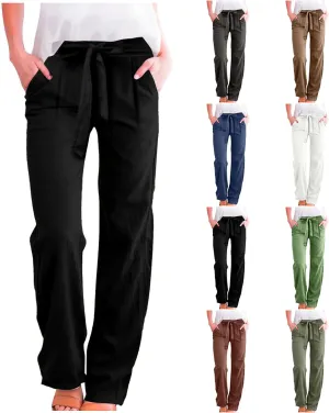 Women Linen Pants Casual Drawstring High Waisted Straight Leg Summer Pants Casual Comfy Beach Trouser with Pockets