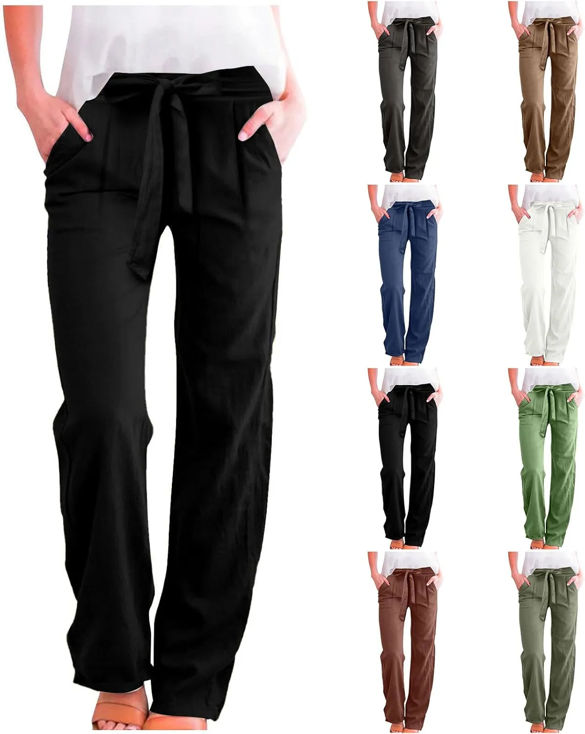 Women Linen Pants Casual Drawstring High Waisted Straight Leg Summer Pants Casual Comfy Beach Trouser with Pockets