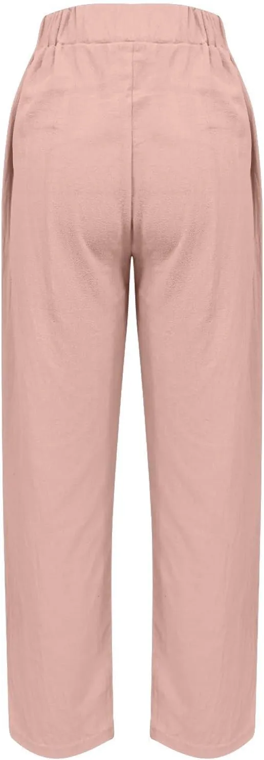 Women Linen Pants Casual Loose High Waisted Baggy Cropped Ankle Length Summer Baggy Lounge Trouser Slacks with Pocket