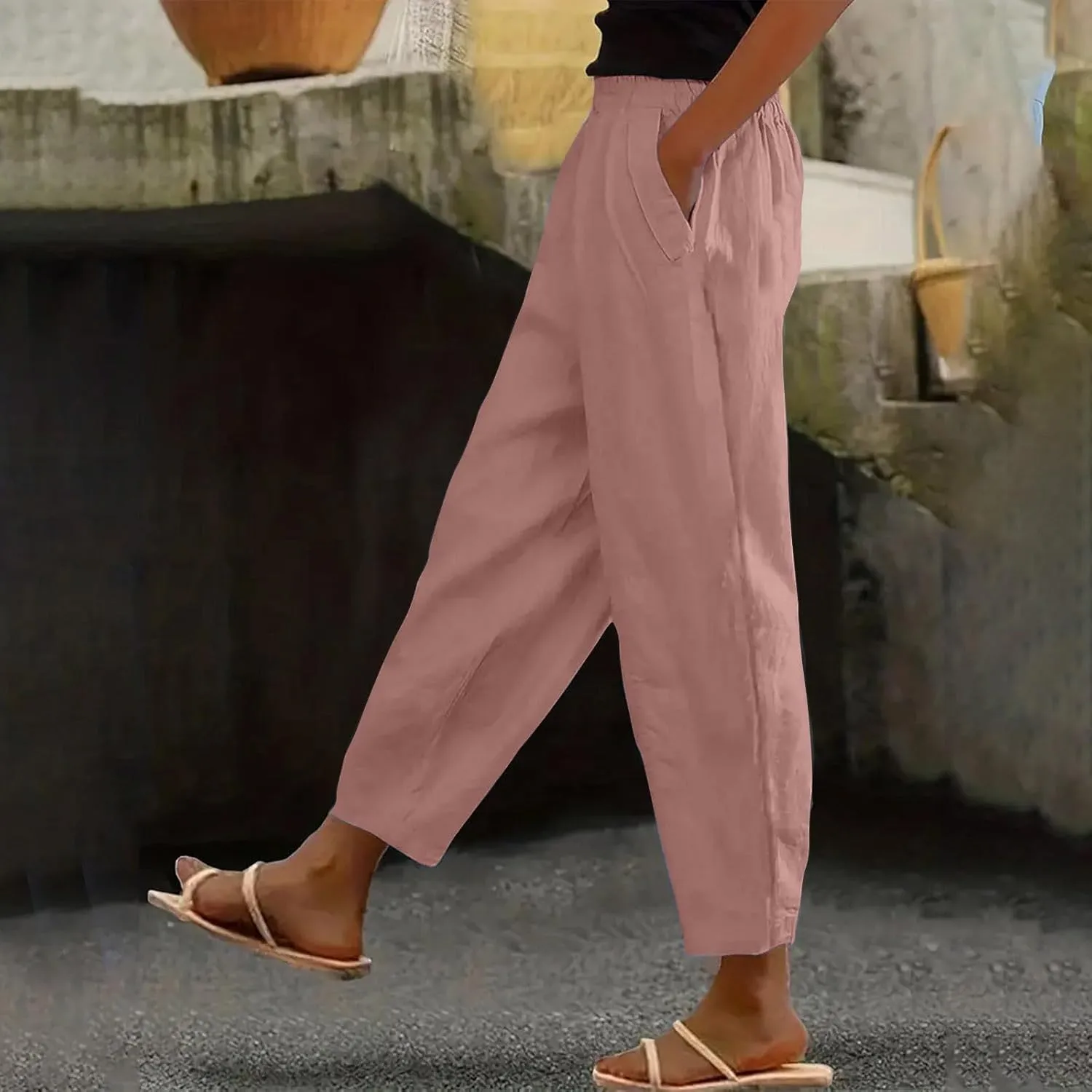 Women Linen Pants Casual Loose High Waisted Baggy Cropped Ankle Length Summer Baggy Lounge Trouser Slacks with Pocket