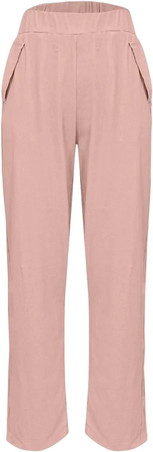 Women Linen Pants Casual Loose High Waisted Baggy Cropped Ankle Length Summer Baggy Lounge Trouser Slacks with Pocket