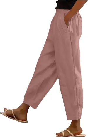 Women Linen Pants Casual Loose High Waisted Baggy Cropped Ankle Length Summer Baggy Lounge Trouser Slacks with Pocket