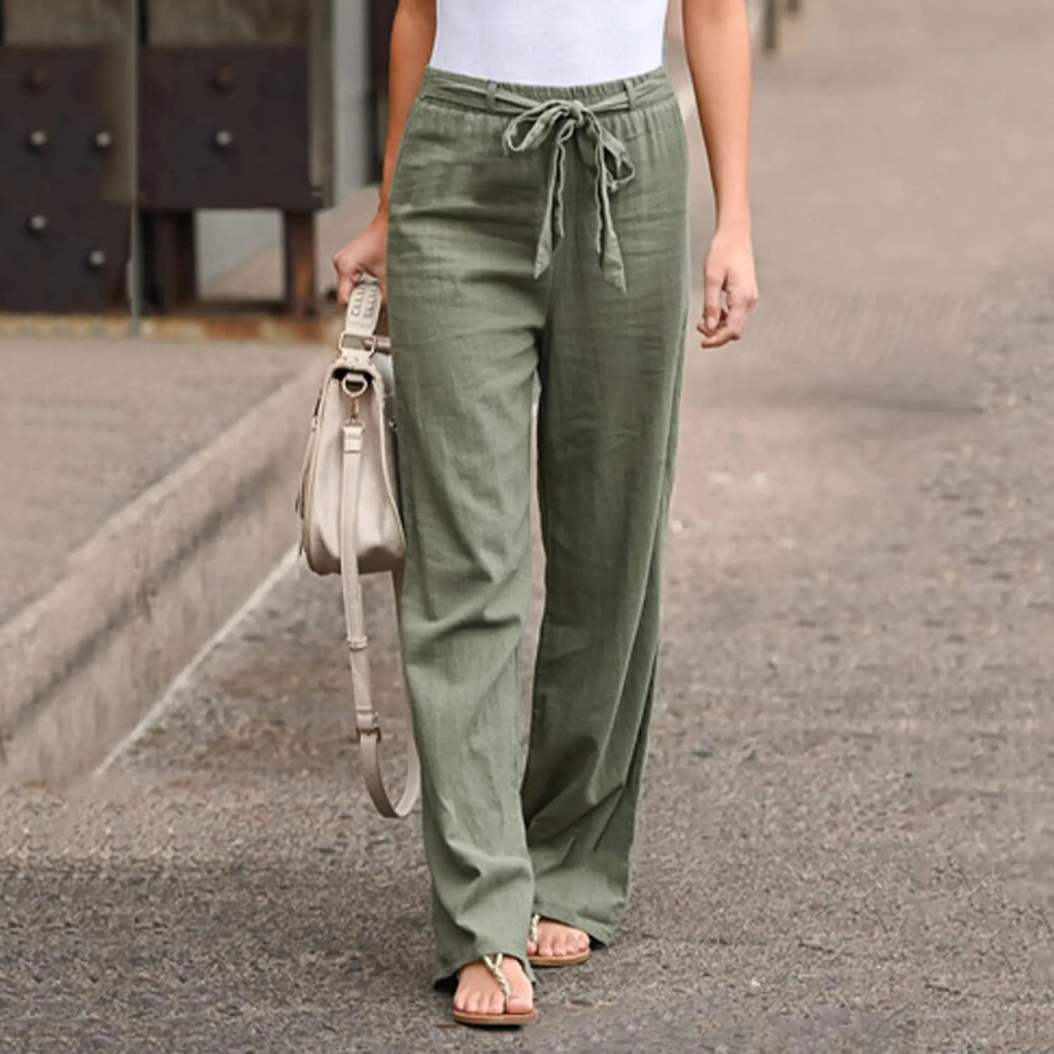 Women Linen Summer Baggy Pant Trousers Elastic Waist Ankle Length Slim-Fit Pant Trousers Office