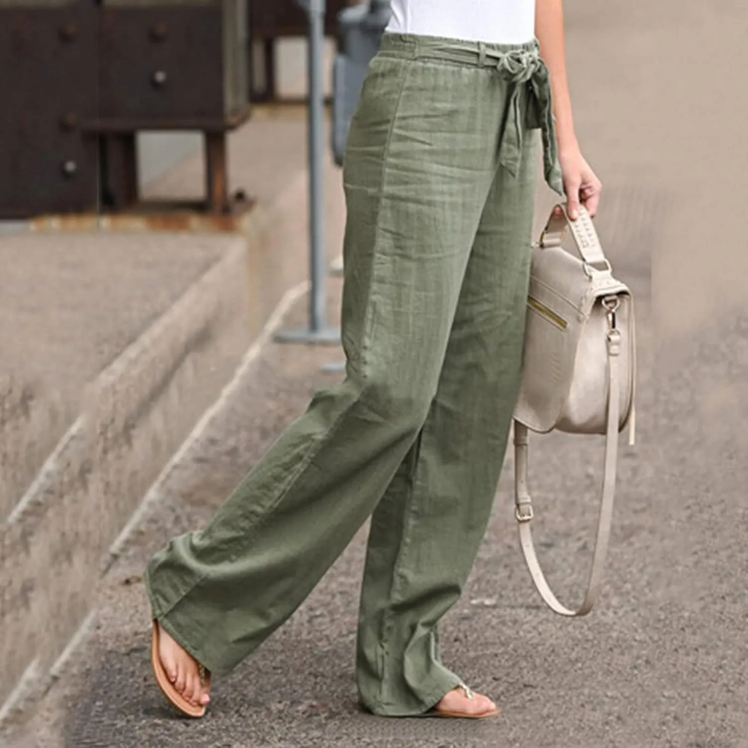 Women Linen Summer Baggy Pant Trousers Elastic Waist Ankle Length Slim-Fit Pant Trousers Office