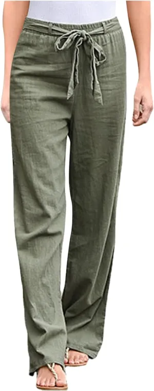 Women Linen Summer Baggy Pant Trousers Elastic Waist Ankle Length Slim-Fit Pant Trousers Office