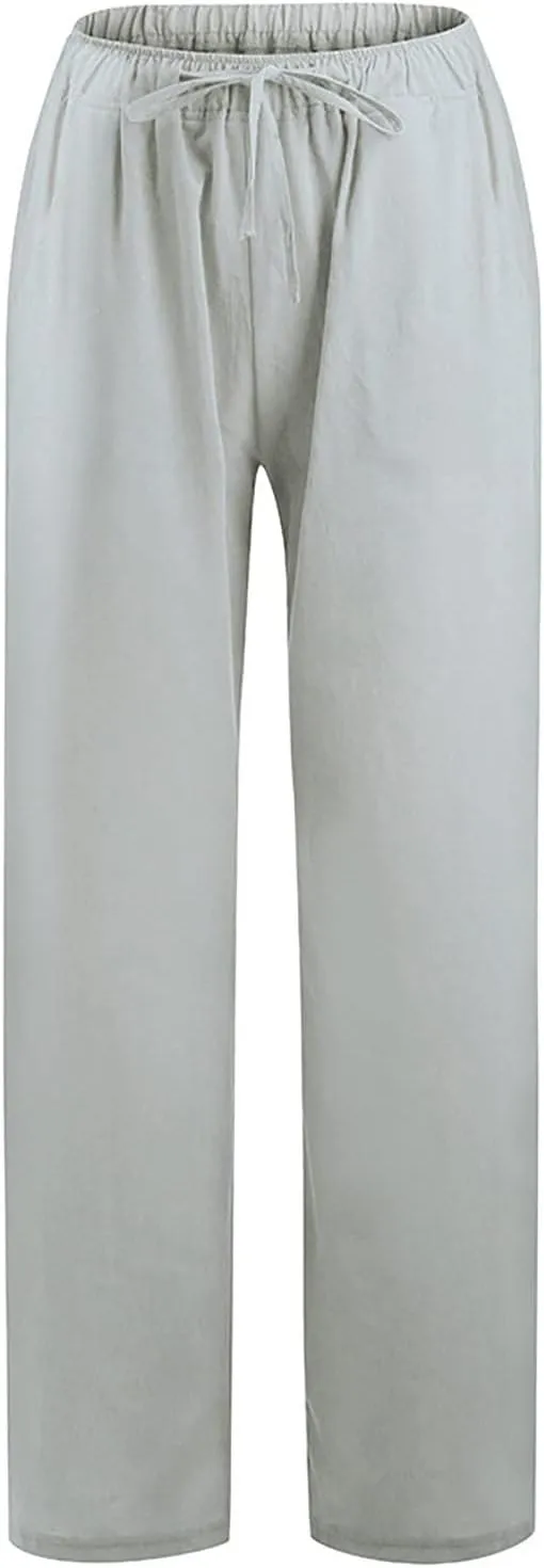 Women Linen Summer Casual Loose Palazzo Lounge Pants High Waist Bootcut Slim-Fit Pants Office