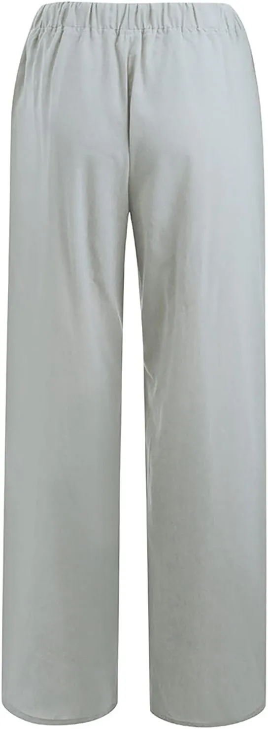 Women Linen Summer Casual Loose Palazzo Lounge Pants High Waist Bootcut Slim-Fit Pants Office