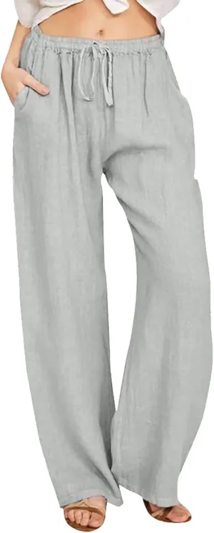 Women Linen Summer Casual Loose Palazzo Lounge Pants High Waist Bootcut Slim-Fit Pants Office