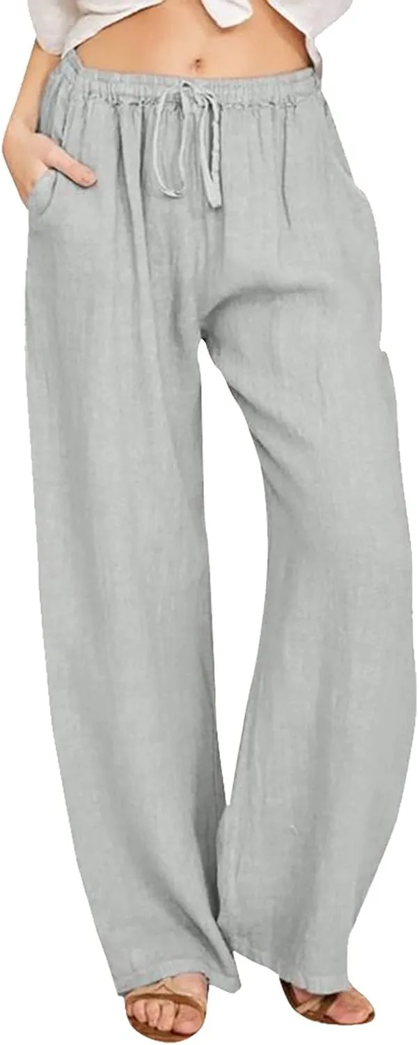 Women Linen Summer Casual Loose Palazzo Lounge Pants High Waist Bootcut Slim-Fit Pants Office