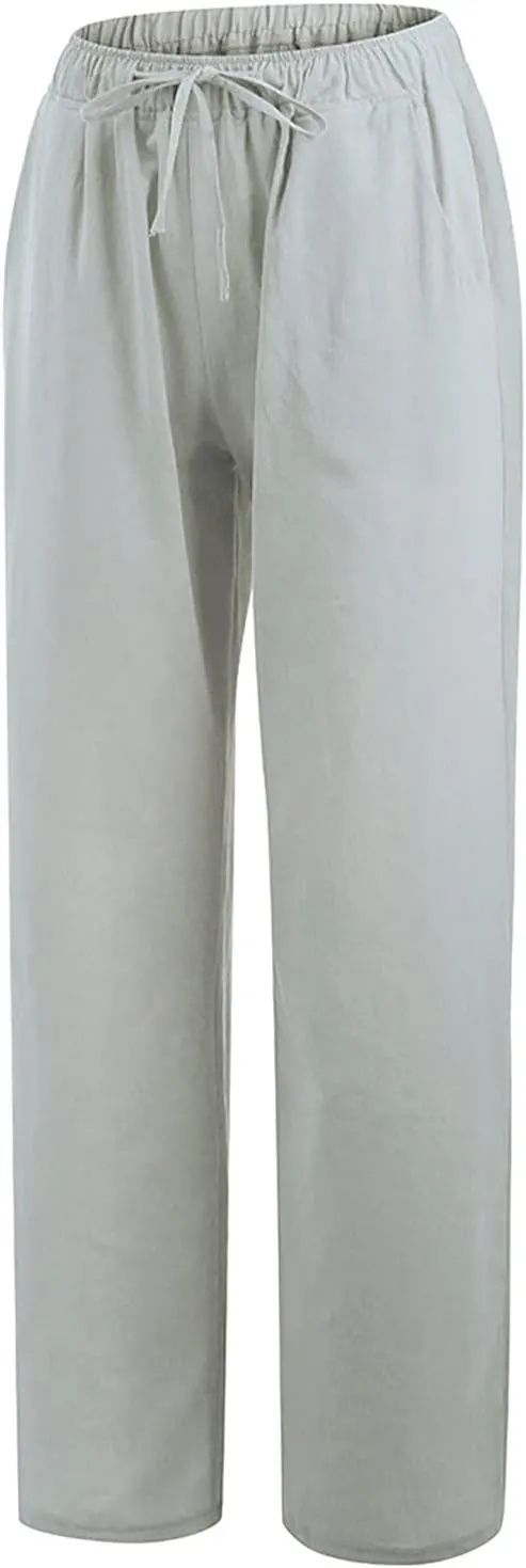 Women Linen Summer Casual Loose Palazzo Lounge Pants High Waist Bootcut Slim-Fit Pants Office