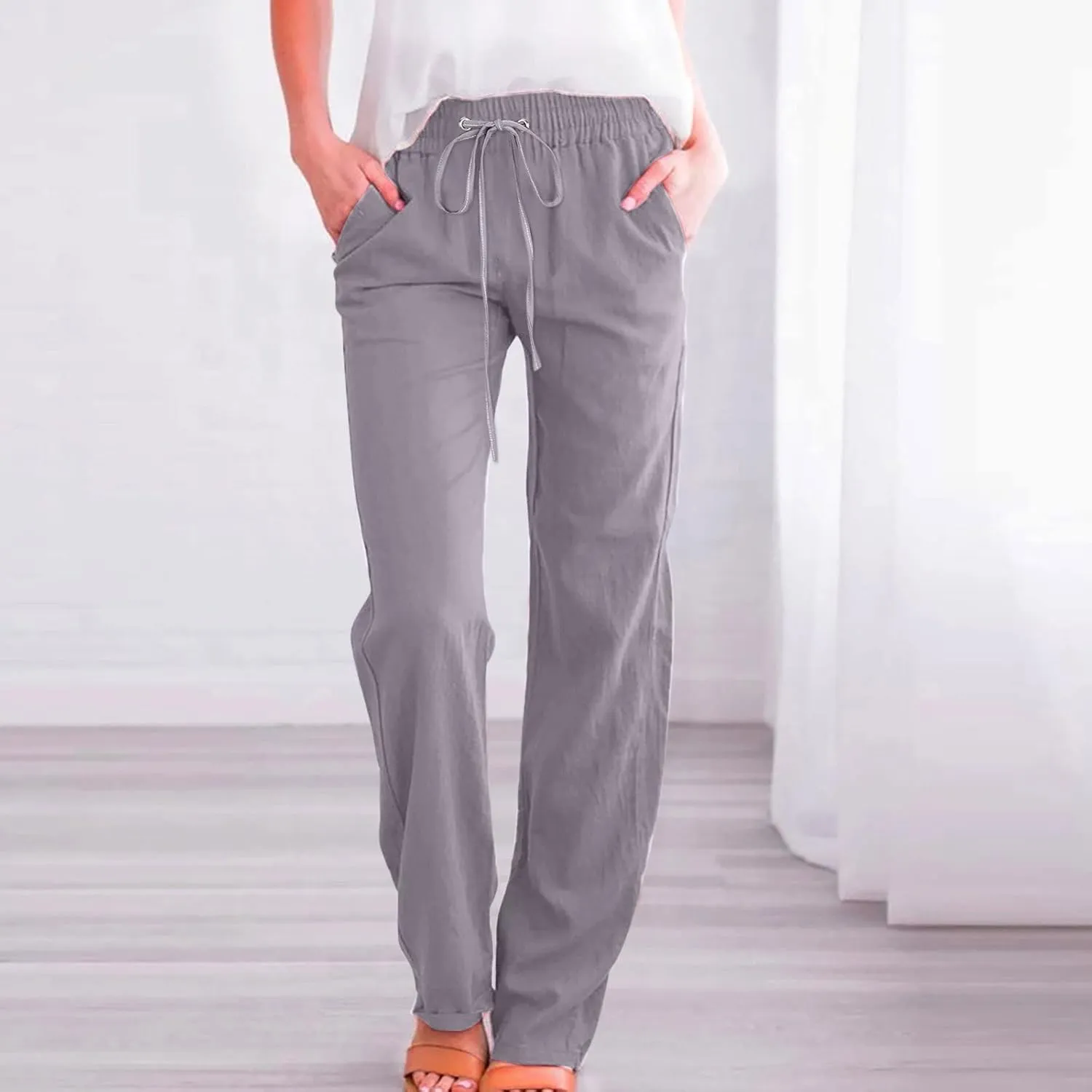 Women Linen Summer Drawstring Palazzo Lounge Pants High Waist Stretchy Slim Fit Trousers Work Business