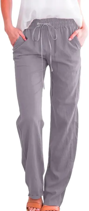 Women Linen Summer Drawstring Palazzo Lounge Pants High Waist Stretchy Slim Fit Trousers Work Business