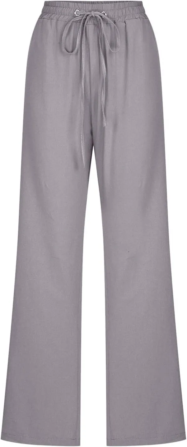 Women Linen Summer Drawstring Palazzo Lounge Pants High Waist Stretchy Slim Fit Trousers Work Business