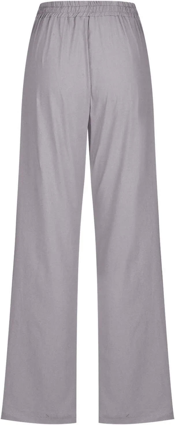 Women Linen Summer Drawstring Palazzo Lounge Pants High Waist Stretchy Slim Fit Trousers Work Business