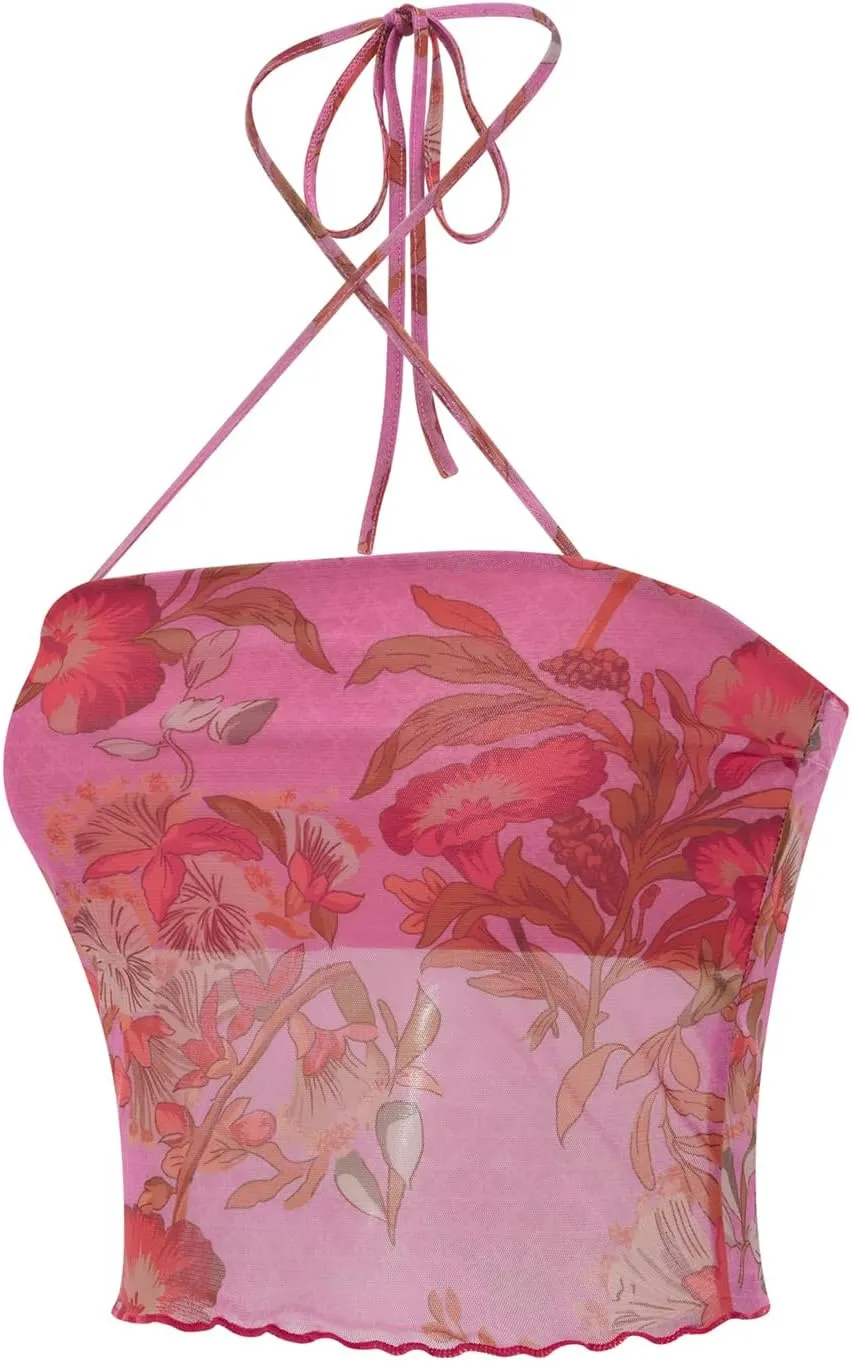 Women Summer Midriff-Baring Camisole Floral Print Stringy Selvedge Hem Hanging Neck Sleeveless Mesh Tops