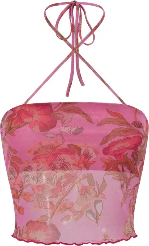 Women Summer Midriff-Baring Camisole Floral Print Stringy Selvedge Hem Hanging Neck Sleeveless Mesh Tops