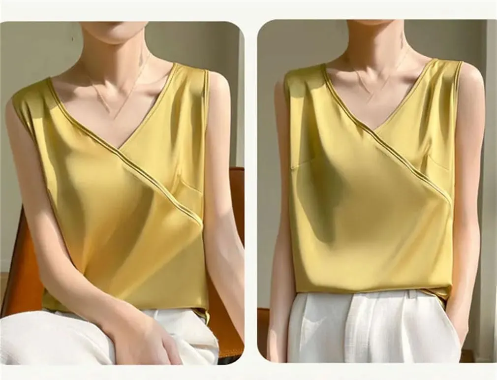 Women Summer Silk Satin Thin V-Neck Tank Tops Crossed Collar Camisole Basic Silky Camis