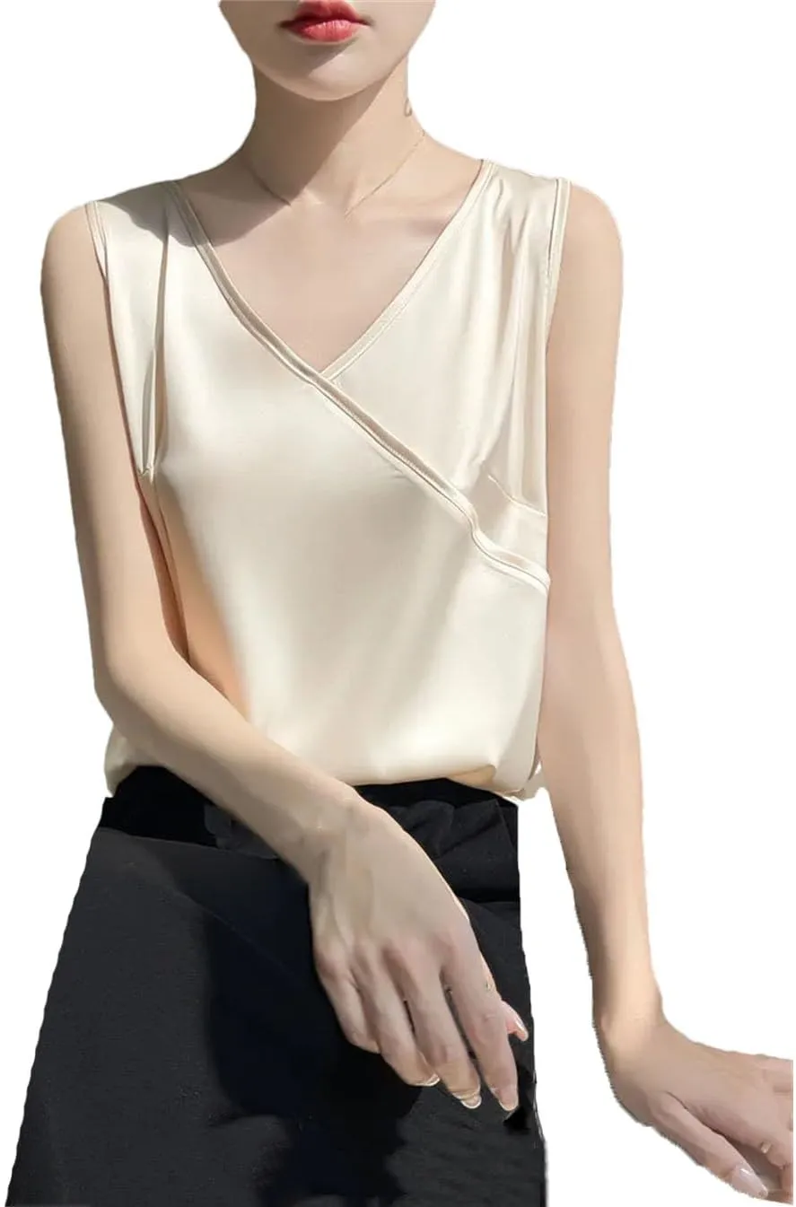 Women Summer Silk Satin Thin V-Neck Tank Tops Crossed Collar Camisole Basic Silky Camis