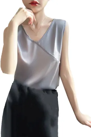 Women Summer Silk Satin Thin V-Neck Tank Tops Crossed Collar Camisole Basic Silky Camis