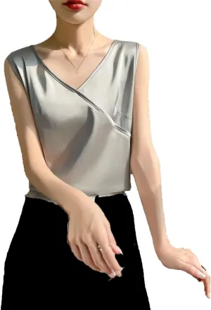 Women Summer Silk Satin Thin V-Neck Tank Tops Crossed Collar Camisole Basic Silky Camis