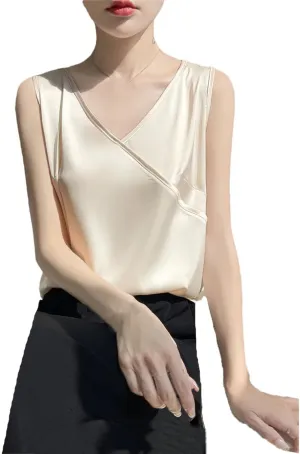 Women Summer Silk Satin Thin V-Neck Tank Tops Crossed Collar Camisole Basic Silky Camis